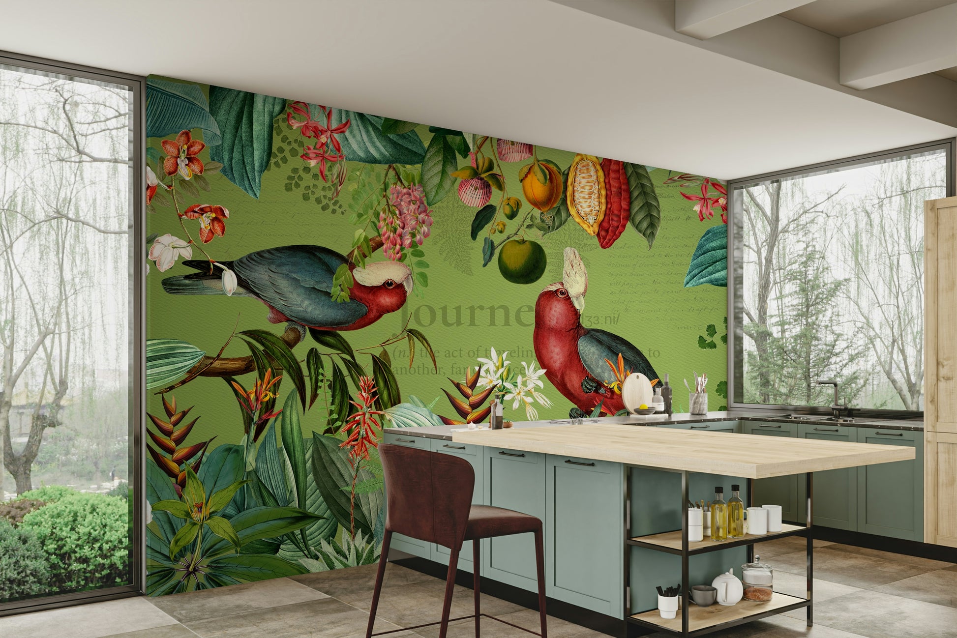 Exotic wallpaper mural featuring jungle wildlife and greenery

