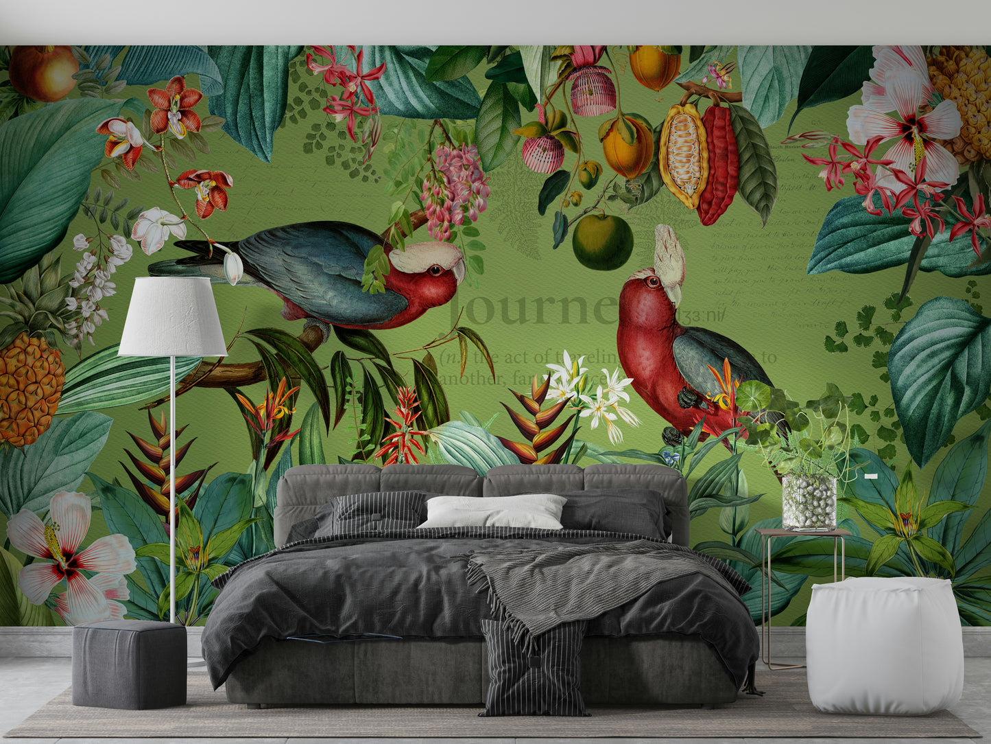 Wall mural with tropical wildlife and vibrant vintage style

