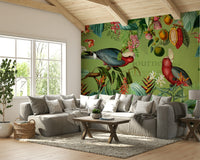 Tropical Vintage Wildlife Journey mural with vivid flora and fauna

