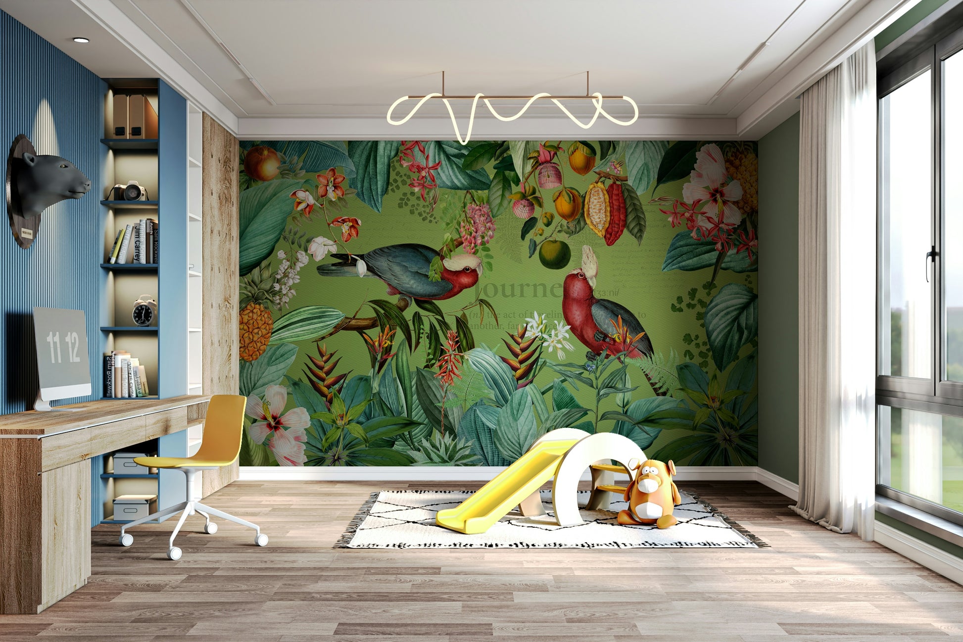 Wallpaper for walls with vibrant animals and tropical foliage


