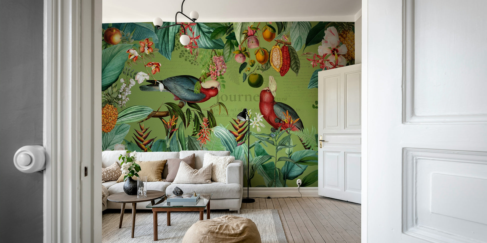 Vintage-inspired mural featuring tropical wildlife and plants

