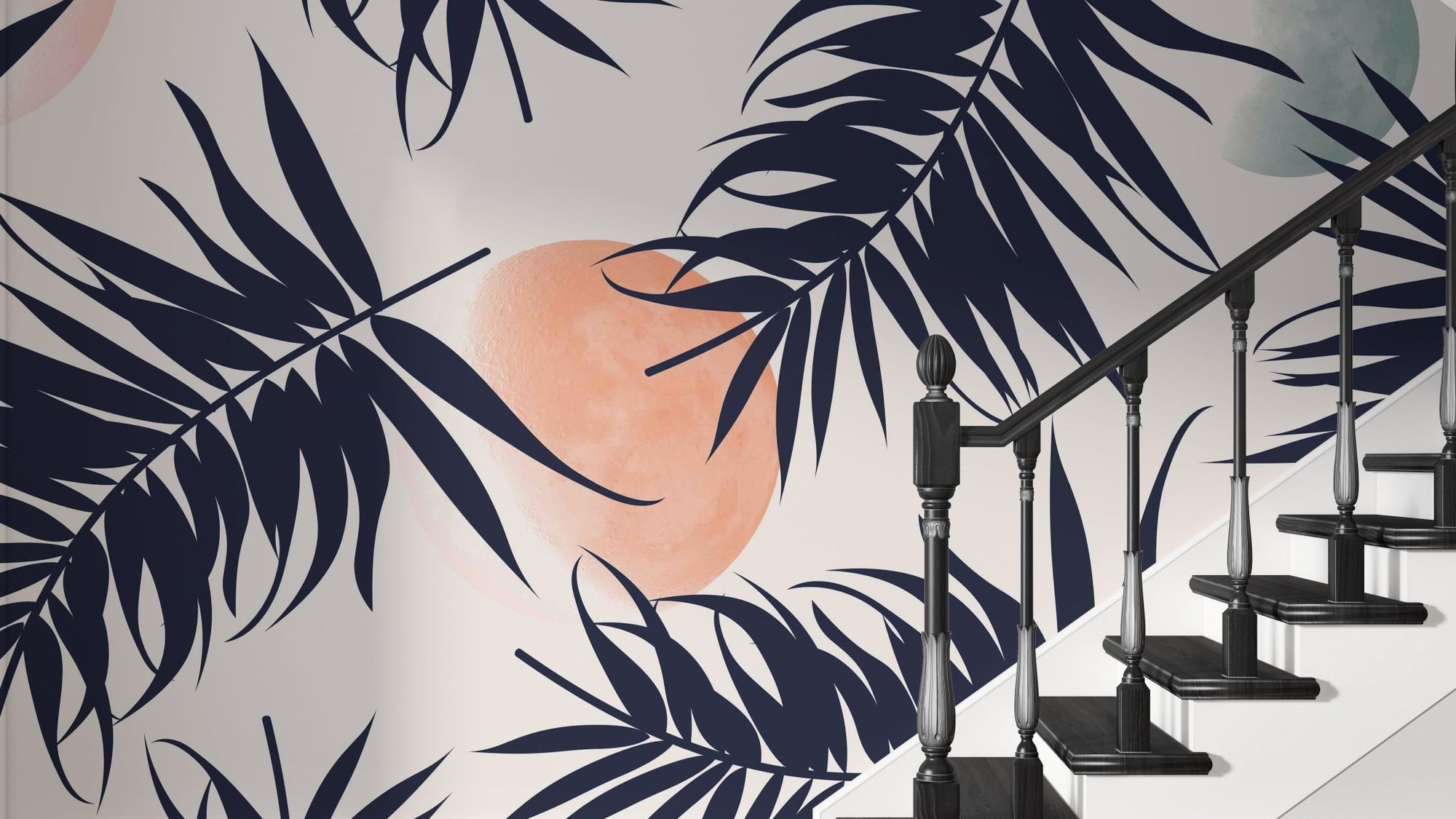 Tropical wallpaper with navy palm-leaf silhouettes and peach suns running alongside a black-baluster staircase