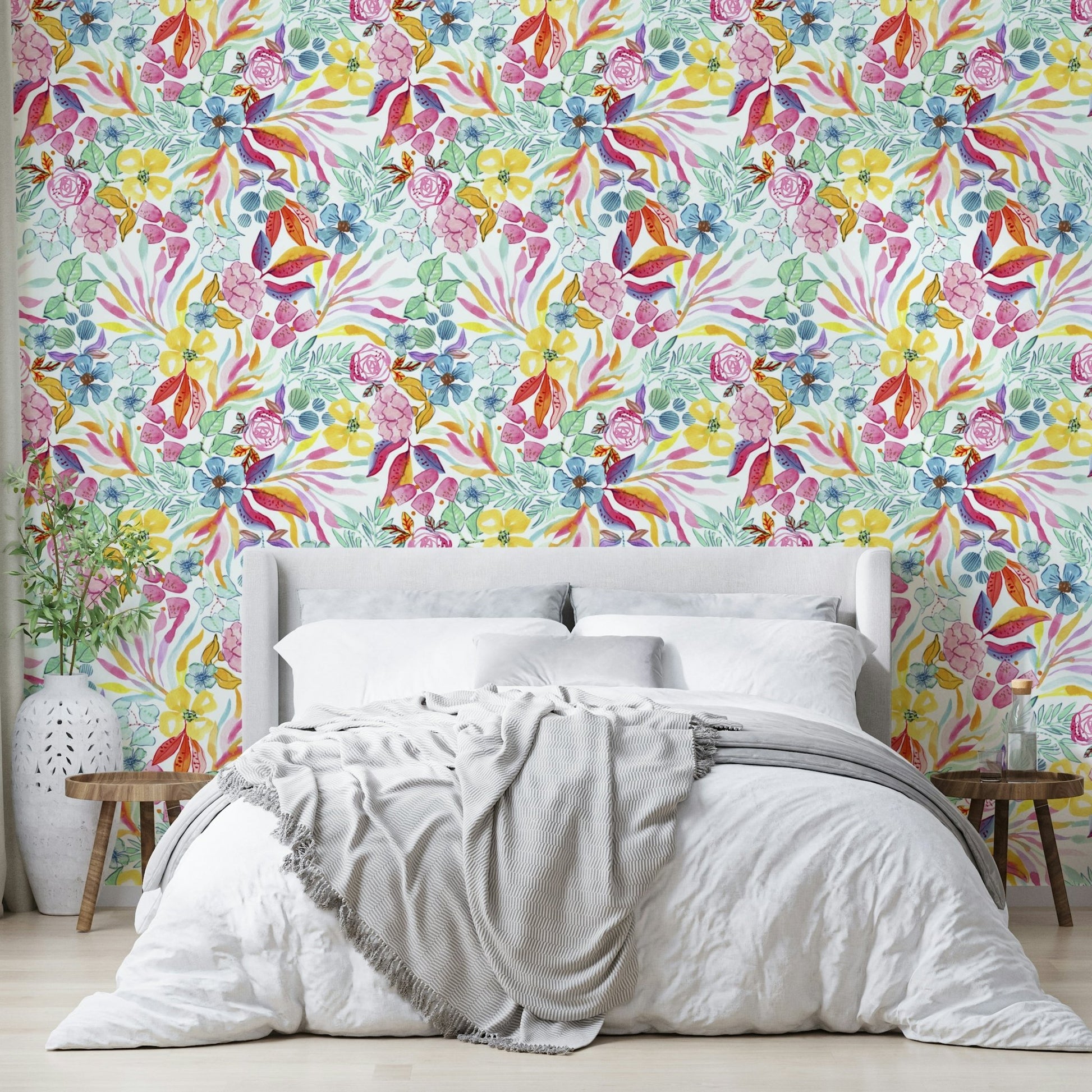 Watercolor wallpaper with tropical leaves and bright colors

