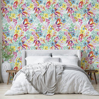 Watercolor wallpaper with tropical leaves and bright colors

