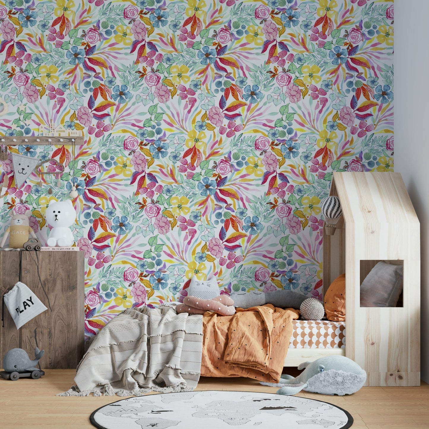 Watercolor tropical wallpaper with lush foliage and flowers

