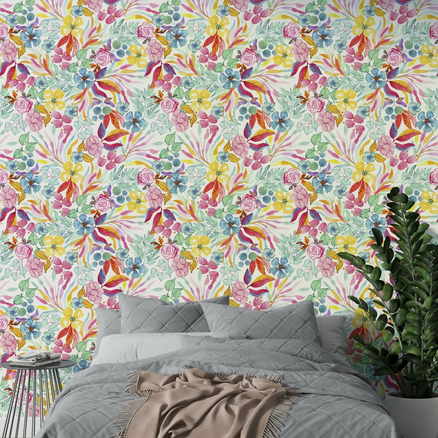 Exotic flowers and palm leaves in Tropical Watercolor wallpaper

