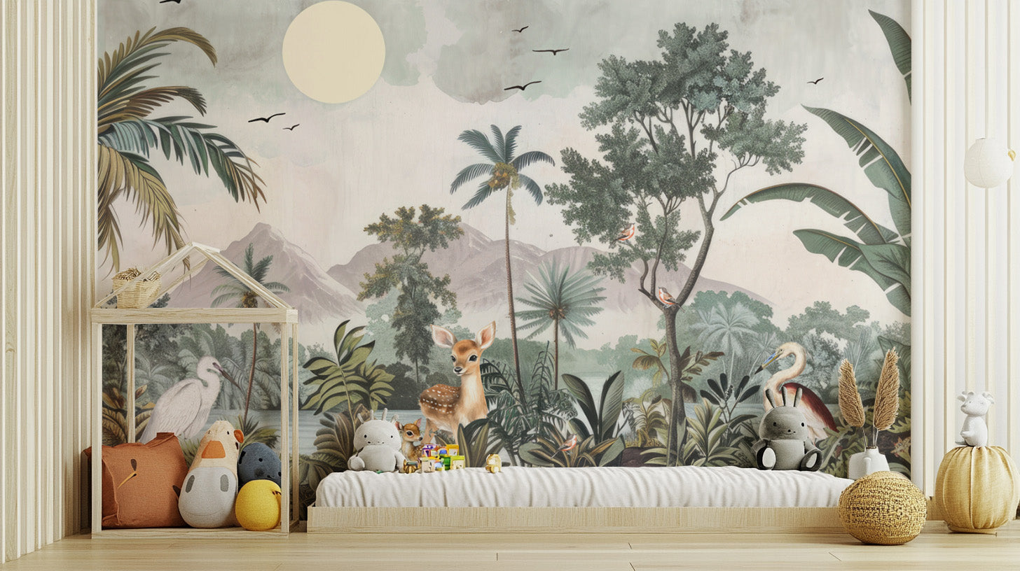 Tropical forest wallpaper mural with rich foliage details
