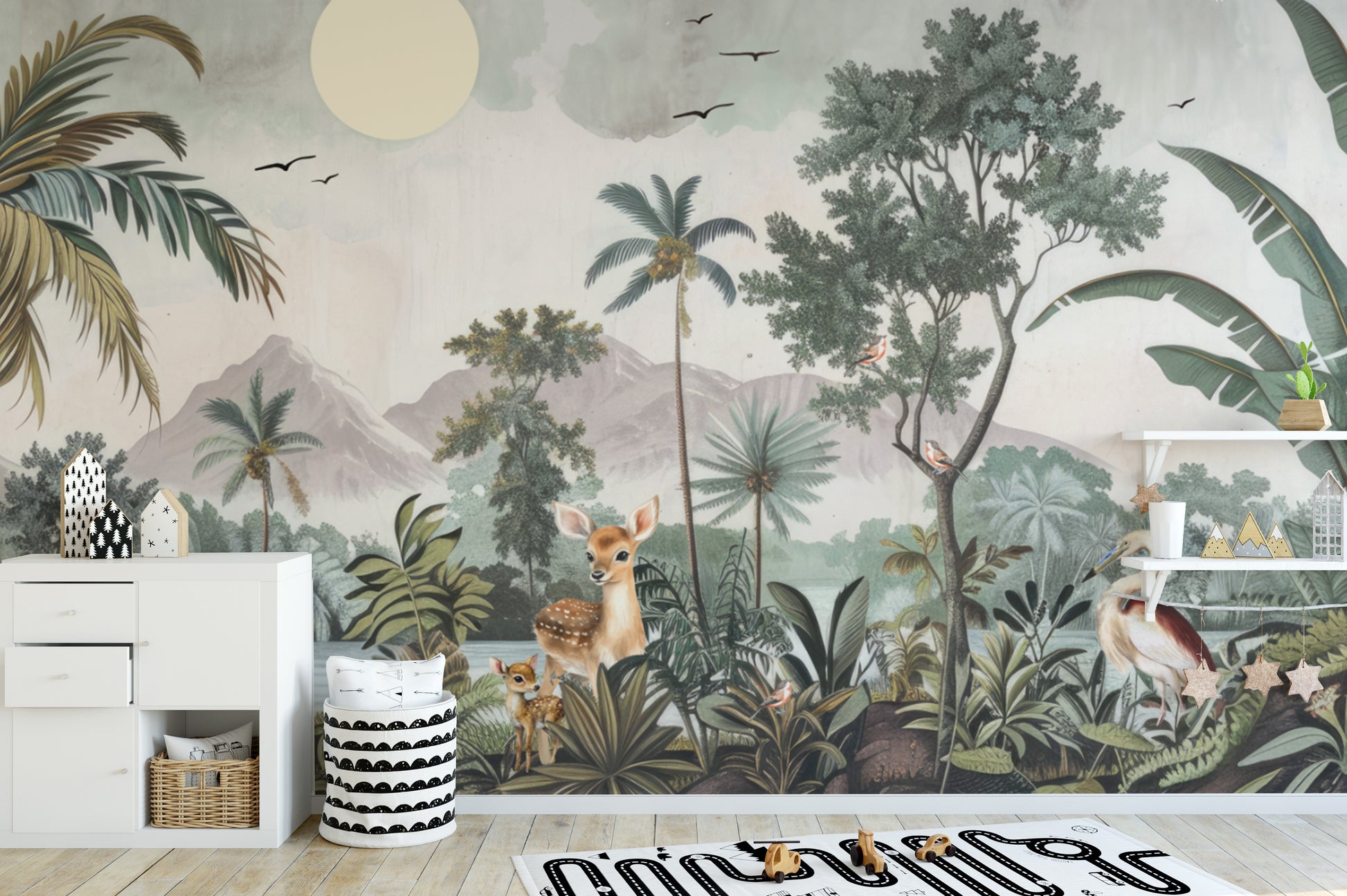 Lush green jungle wallpaper mural with vintage charm
