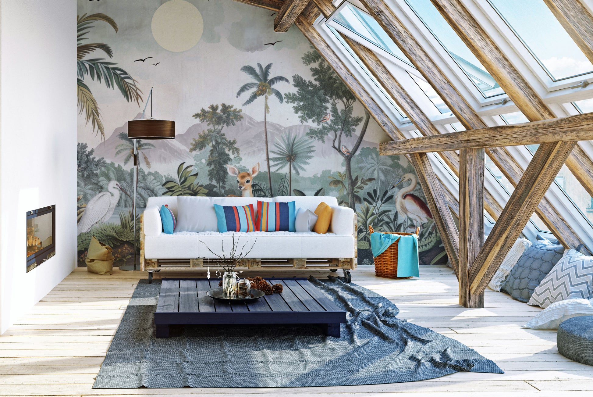 Scenic tropical forest wallpaper mural with mountains
