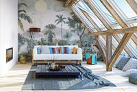 Scenic tropical forest wallpaper mural with mountains
