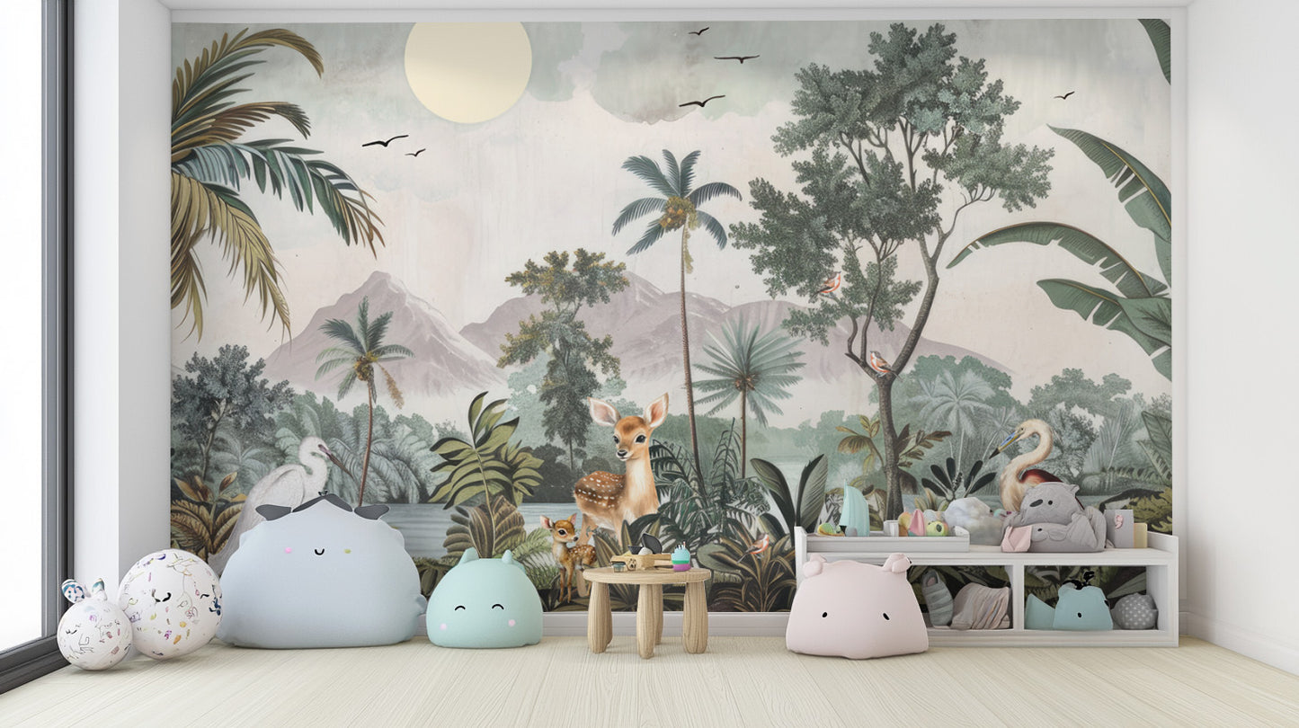 Exotic birds and deer in jungle wallpaper mural design
