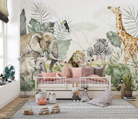 Tropical Wildlife wallpaper mural of safari animals behind a pink daybed in a bright nursery with plush toys