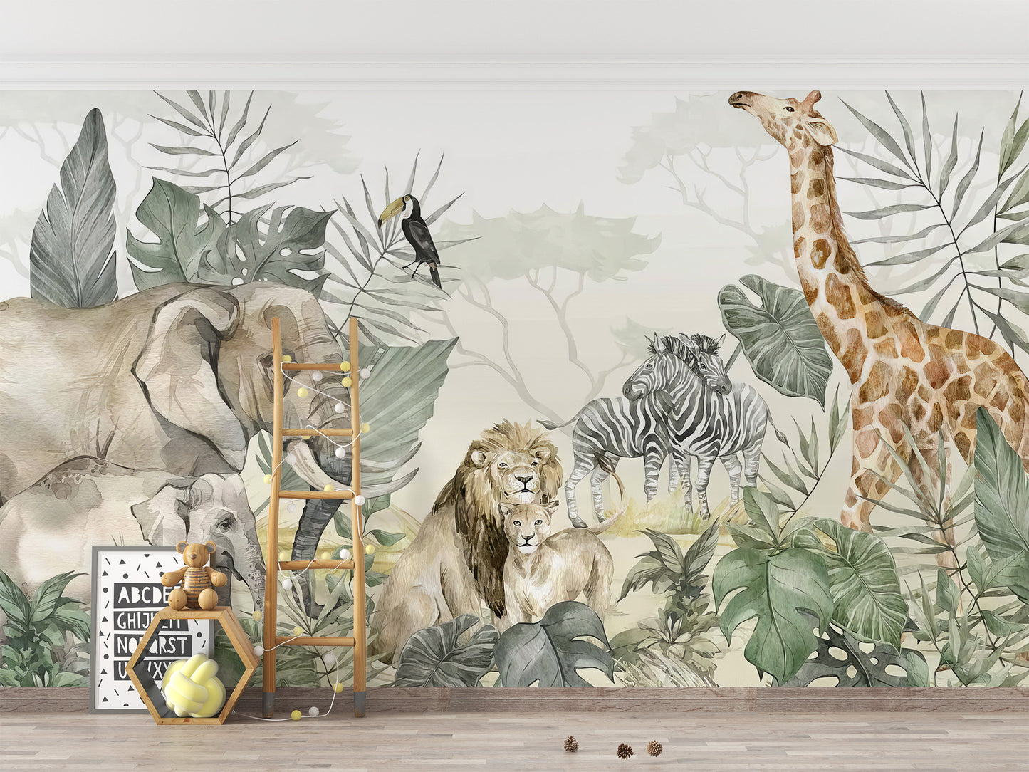 Tropical Wildlife wallpaper mural with giraffe, lion and zebra in a kids room with wood ladder shelf and teddy