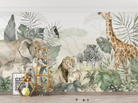 Tropical Wildlife wallpaper mural with giraffe, lion and zebra in a kids room with wood ladder shelf and teddy