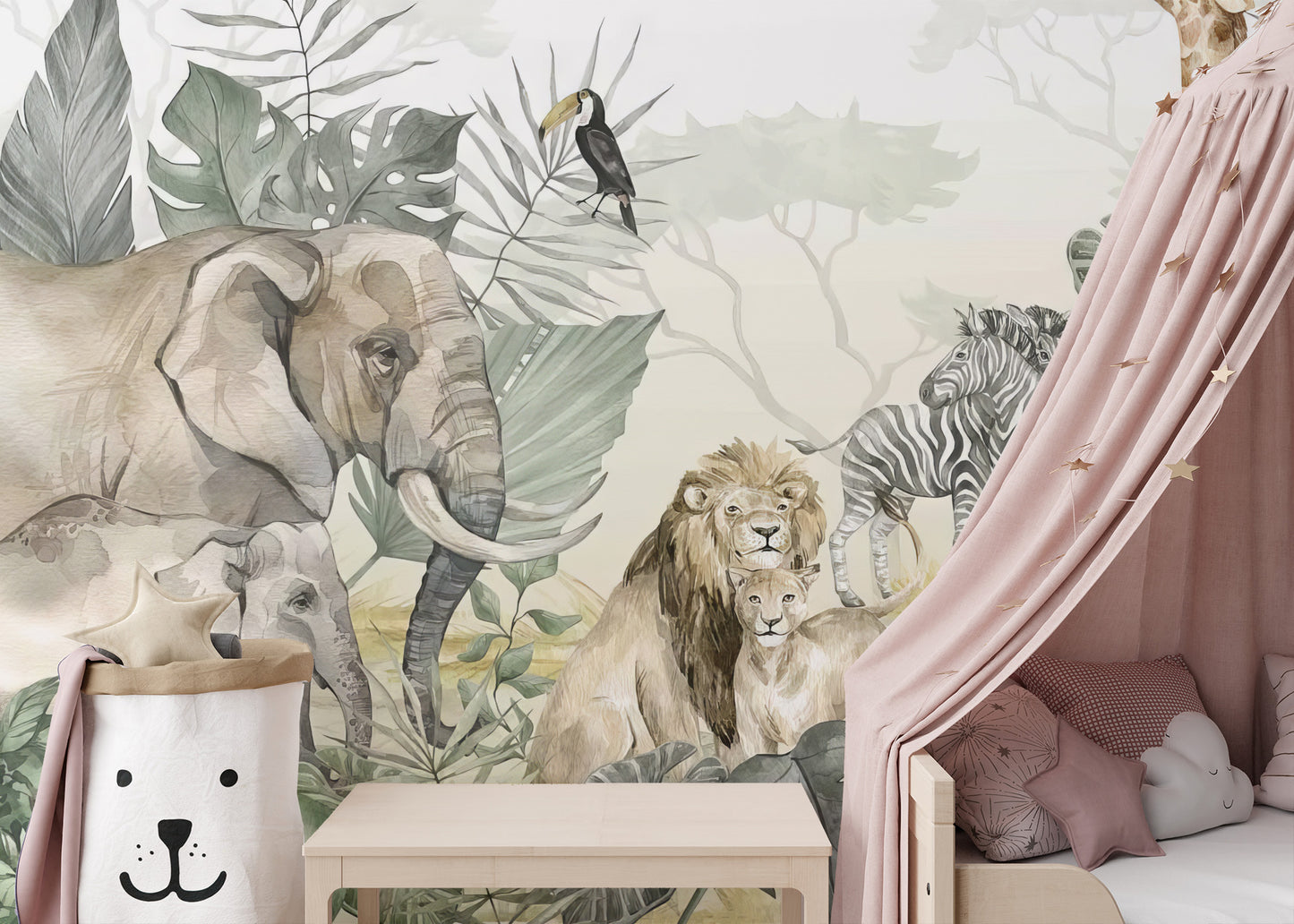 Tropical Wildlife wallpaper mural with watercolor elephant, lion and zebra in a kids room with pink canopy bed