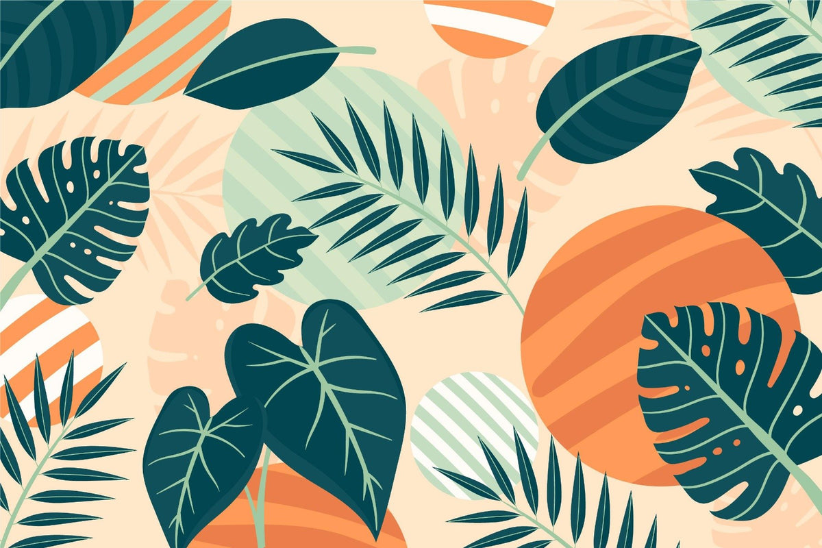 Green Orange Beige Leaves Wallpaper Mural in your room