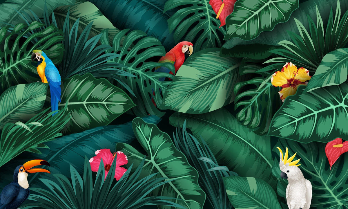 Tropical Green Leaves and Birds Wallpaper Mural in your room