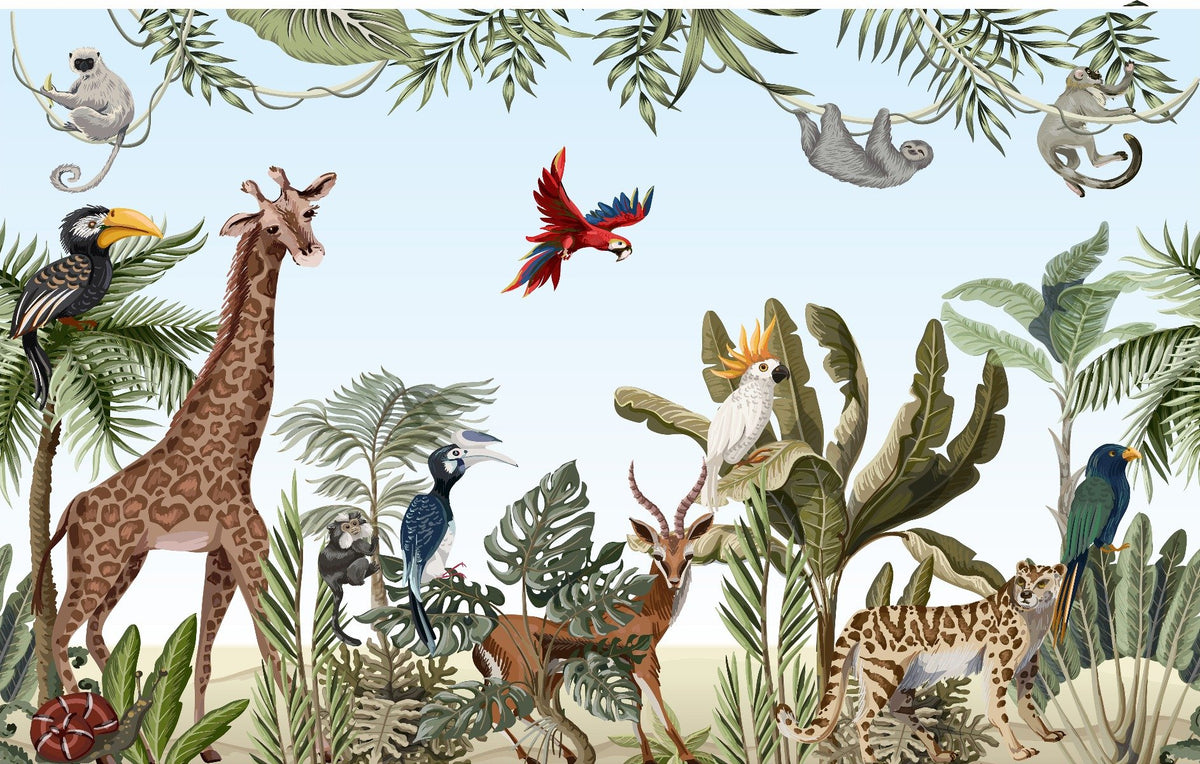 Kids Jungle Safari Wallpaper Mural in your room — zoomed