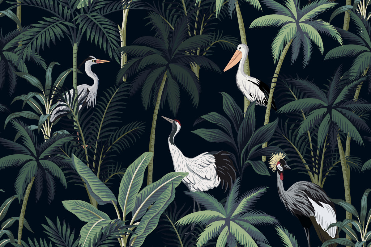 Tropical Birds In Night Sky Wallpaper Mural in your room — zoomed