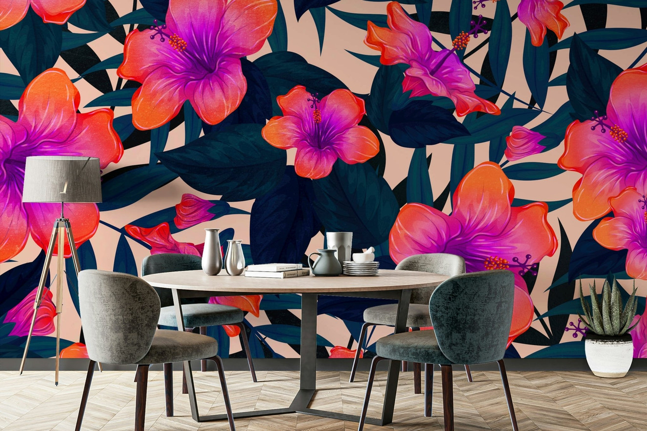 Wall mural creating an immersive, natural environment.

