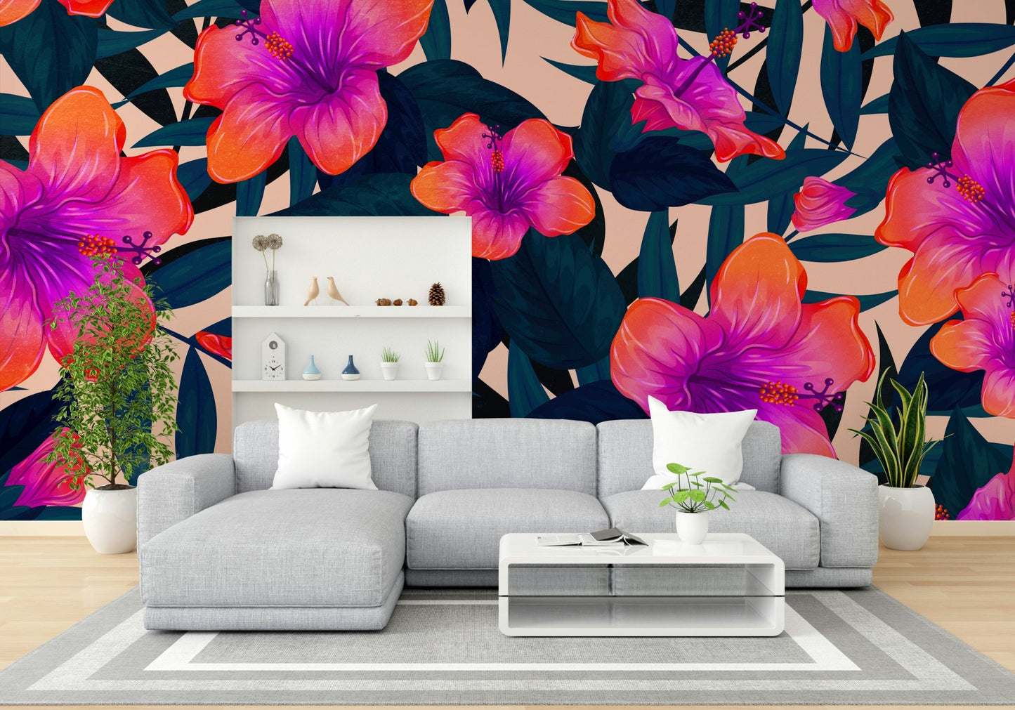 Lush green tropical leaves in a wall mural.

