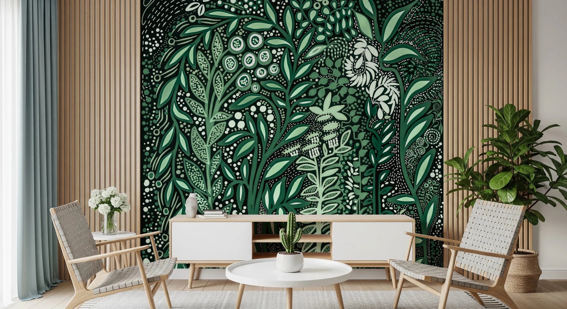Tropifolia Alborosa Intricate Tropical Green Botanical Pattern with White Leaves and Delicate Floral Details Wall Mural