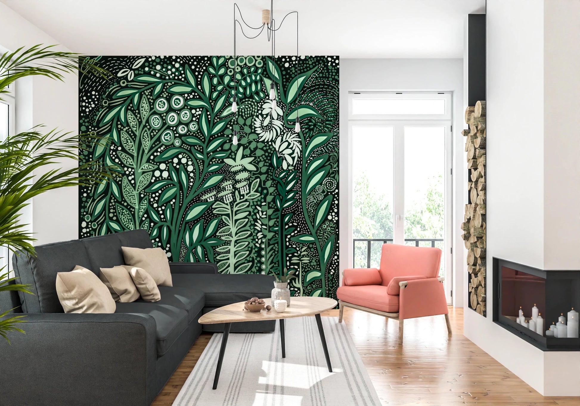 Tropifolia Alborosa Intricate Tropical Green Botanical Pattern with White Leaves and Delicate Floral Details Wall Mural