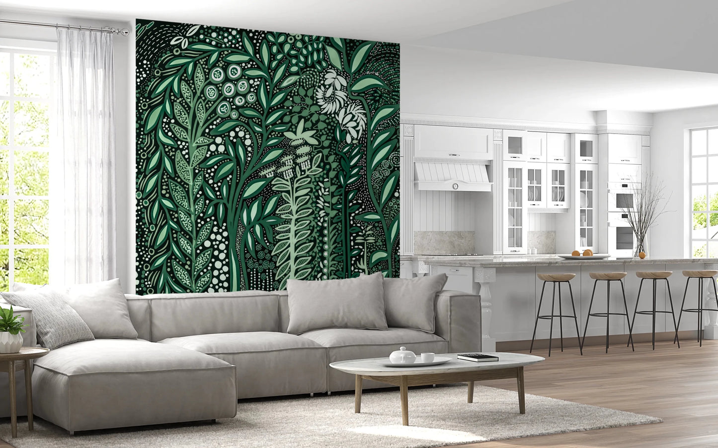 Tropifolia Alborosa Intricate Tropical Green Botanical Pattern with White Leaves and Delicate Floral Details Wall Mural