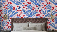 Trumpet Flower Damask Wallpaper in blue, red, and pink

