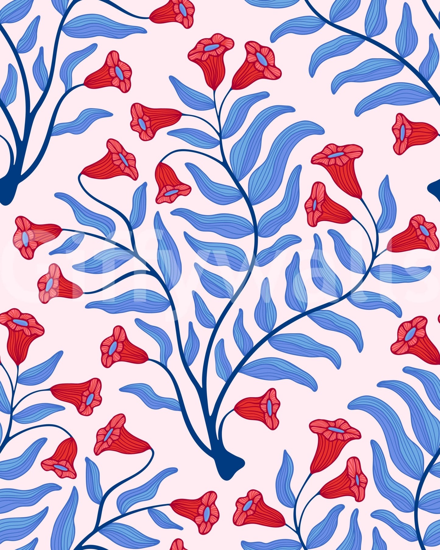 Vintage botanical design with bold red and pink accents

