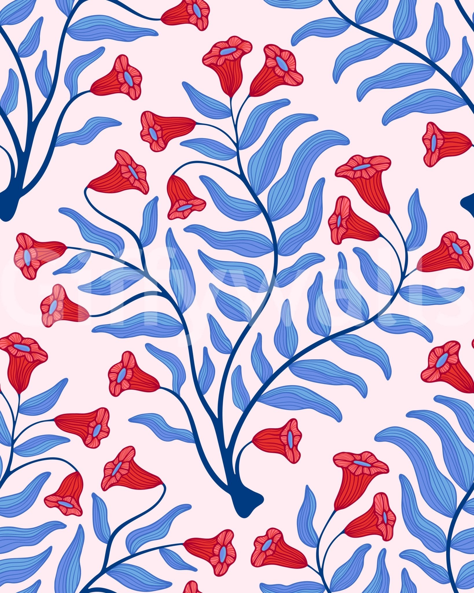 Vintage botanical design with bold red and pink accents

