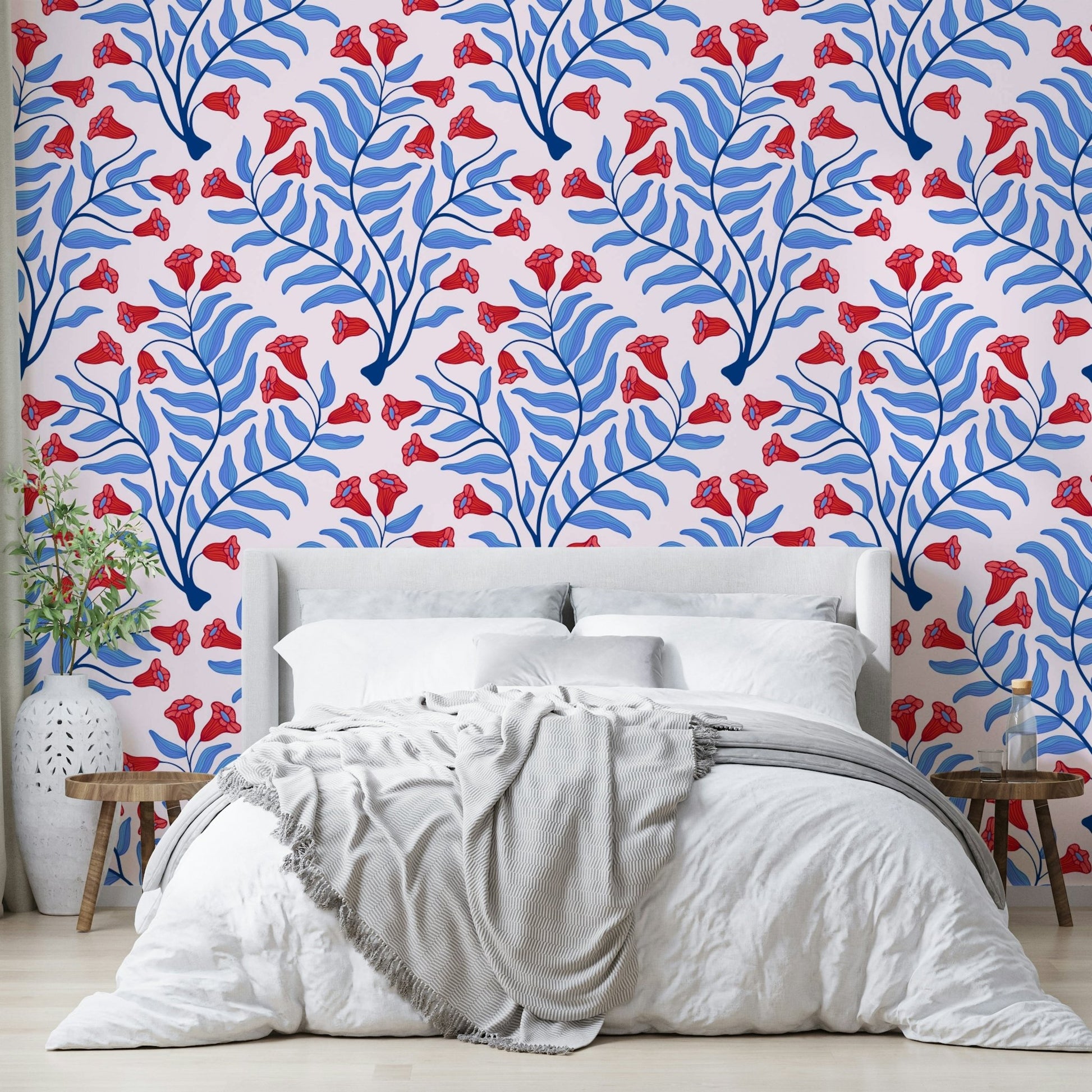 Vintage floral wallpaper with red and pink blooms

