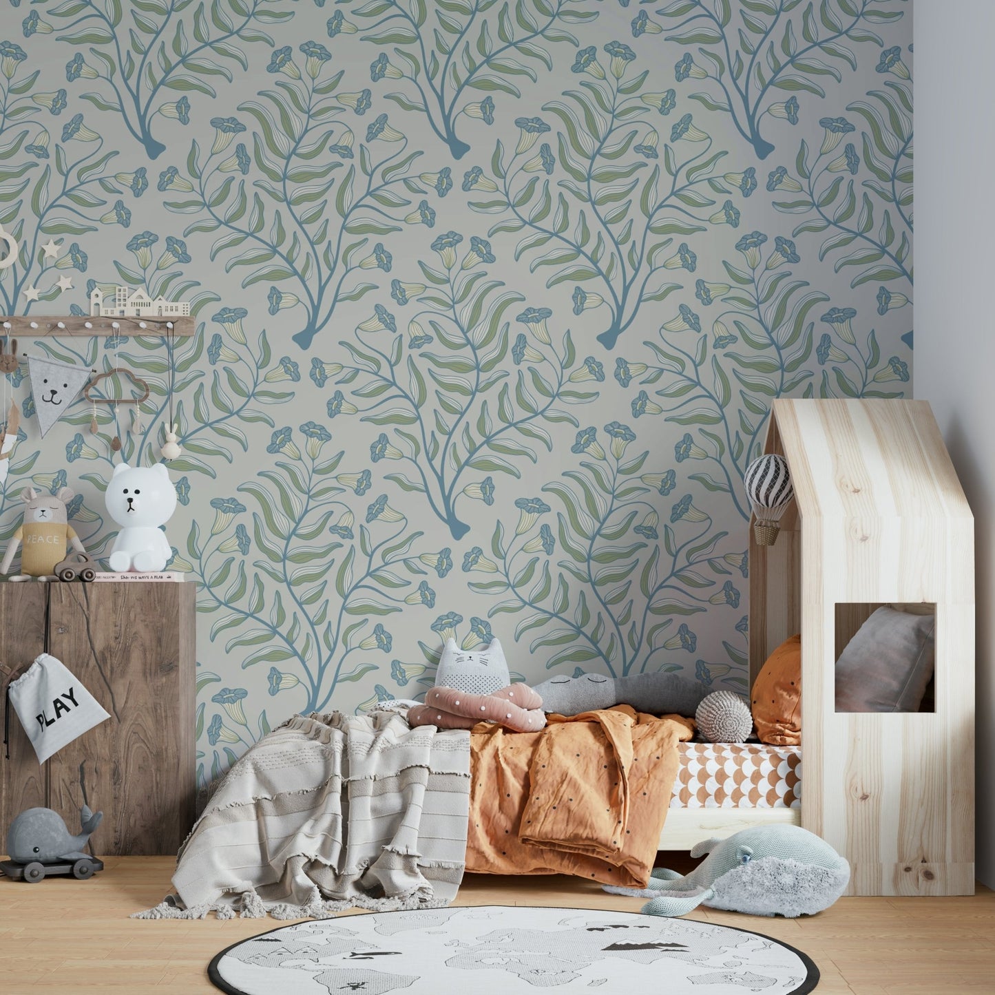 Vintage blue and green damask wallpaper with florals

