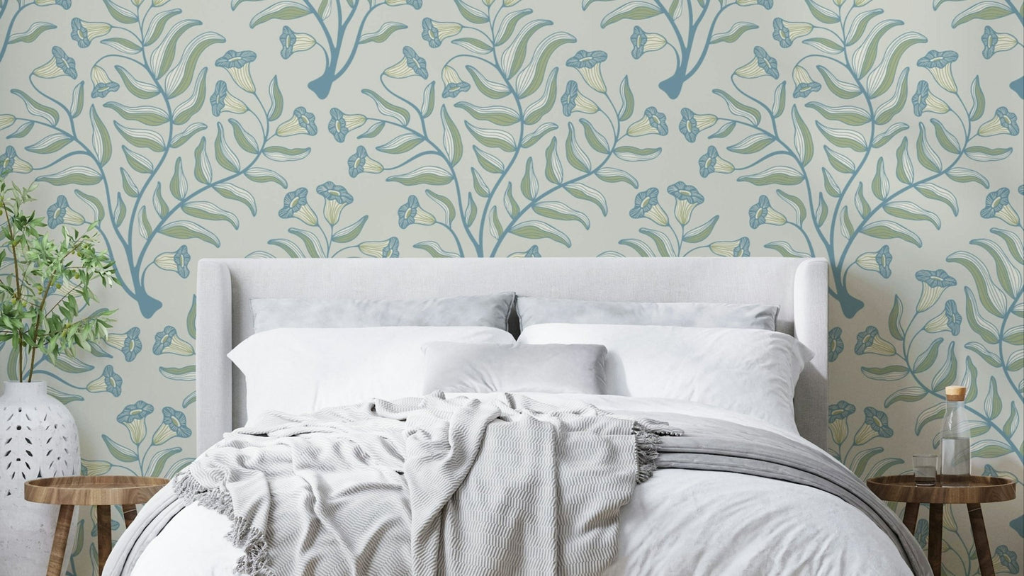 Cottagecore wallpaper in blue, sage green, and gray

