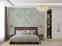 Sage green damask pattern wallpaper with gray accents

