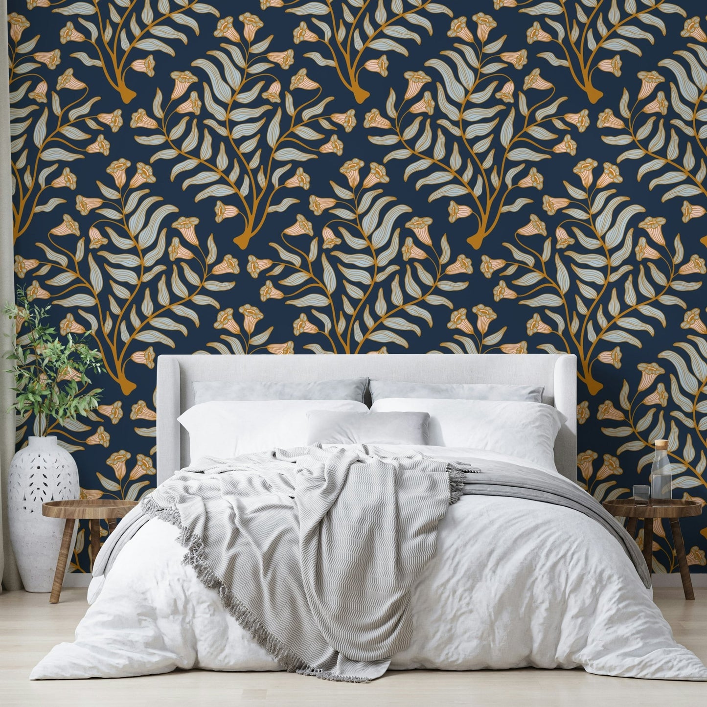 Ornate damask wallpaper in dark blue floral design

