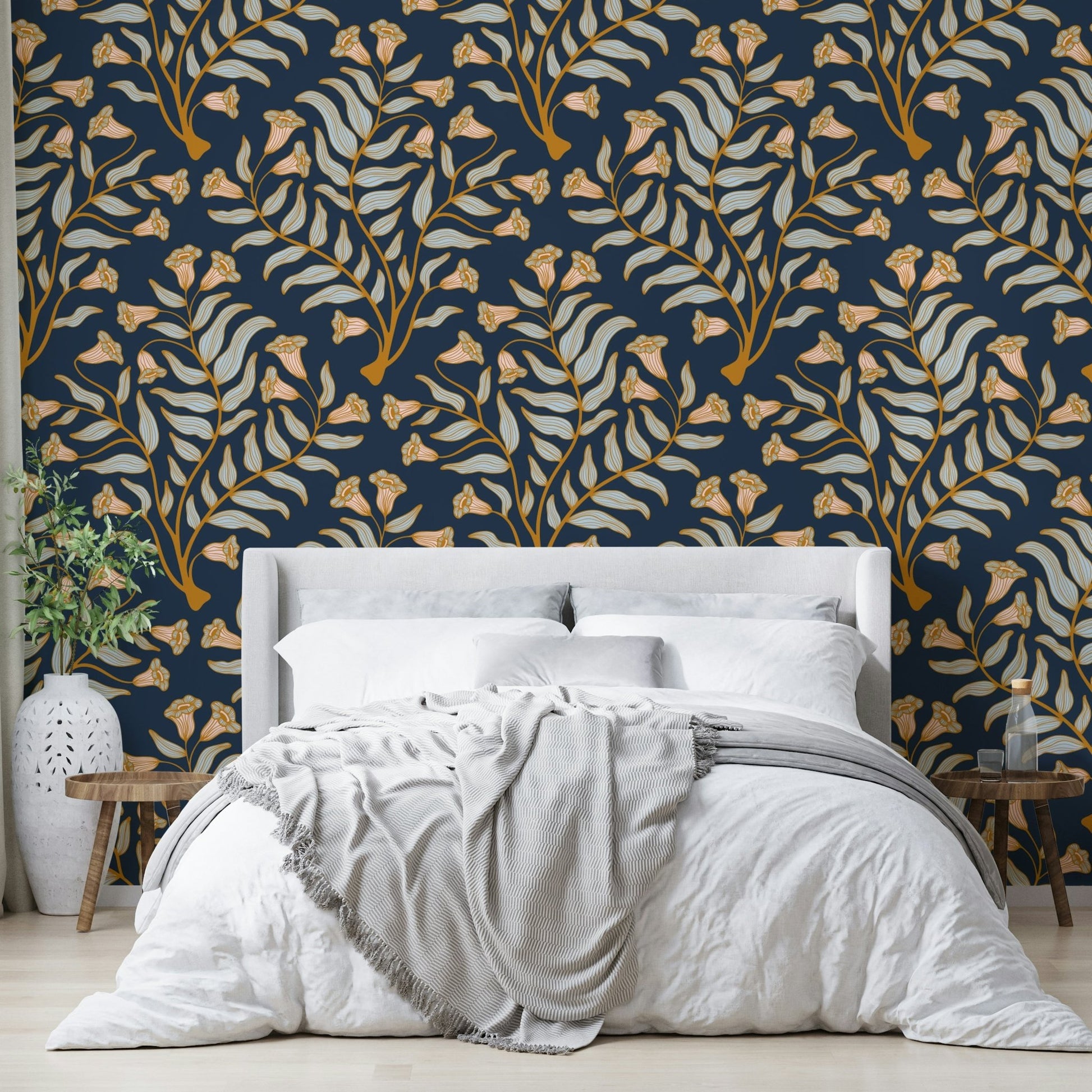 Ornate damask wallpaper in dark blue floral design

