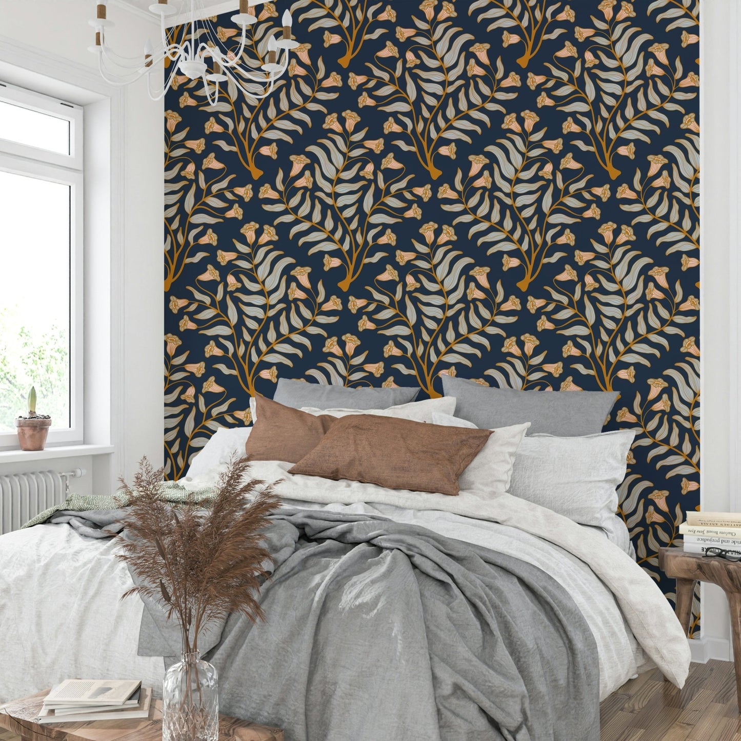 Elegant indigo wallpaper with trumpet flower motifs

