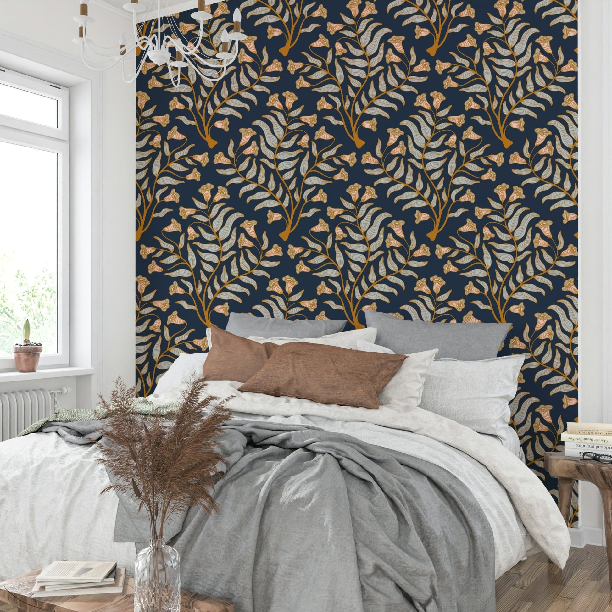 Elegant indigo wallpaper with trumpet flower motifs

