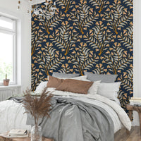 Elegant indigo wallpaper with trumpet flower motifs


