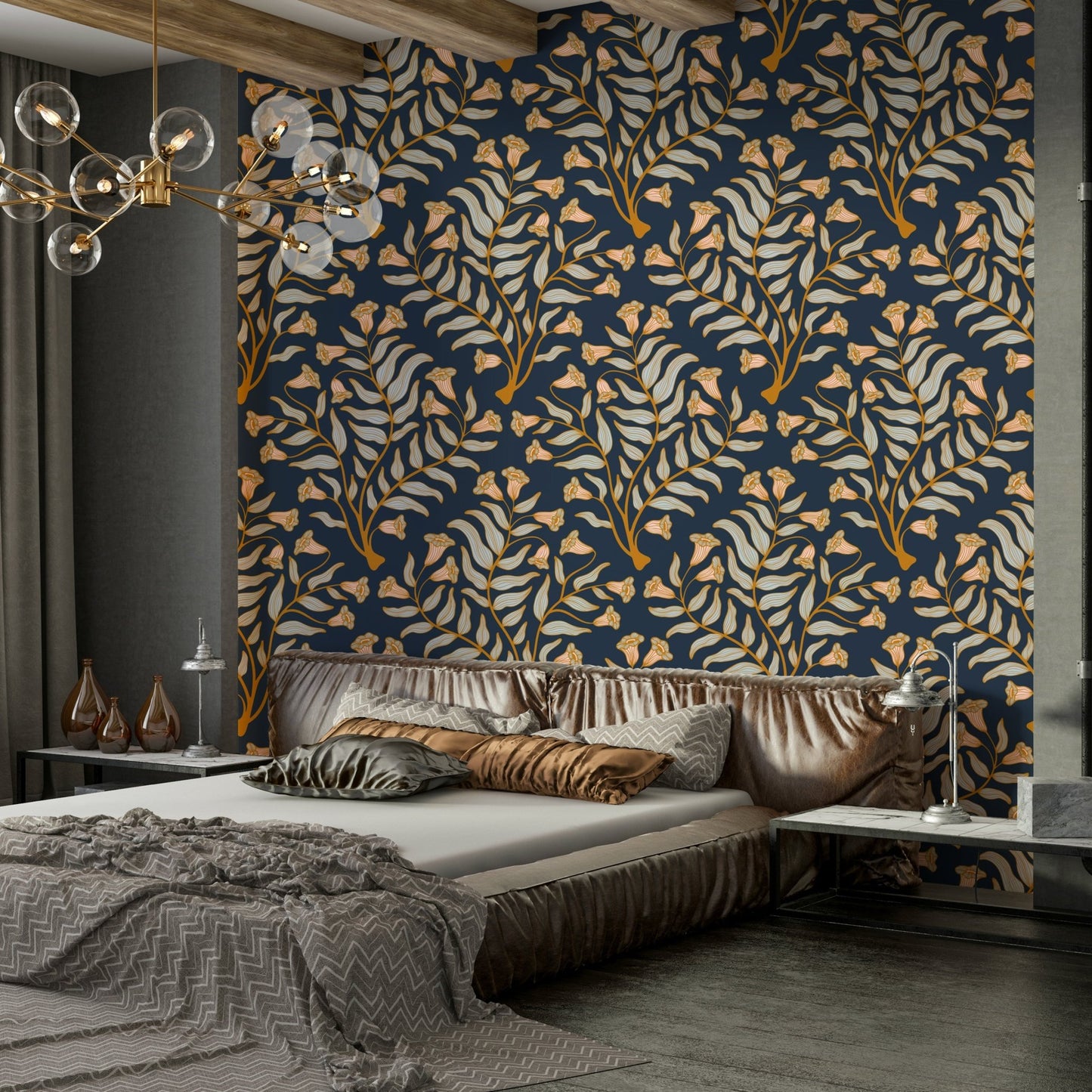 Sophisticated floral wallpaper in indigo and cream

