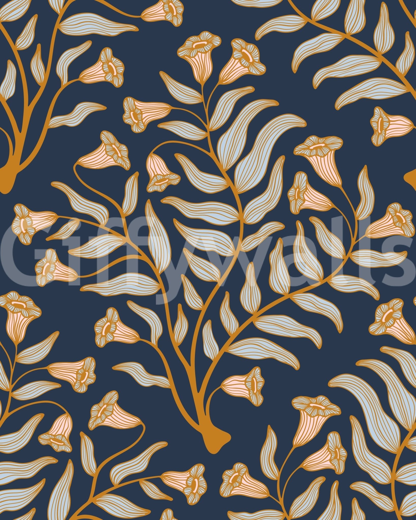 Trumpet flower mural in dramatic indigo tones

