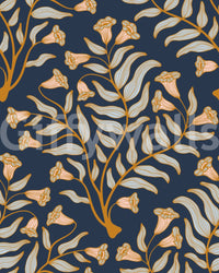 Trumpet flower mural in dramatic indigo tones

