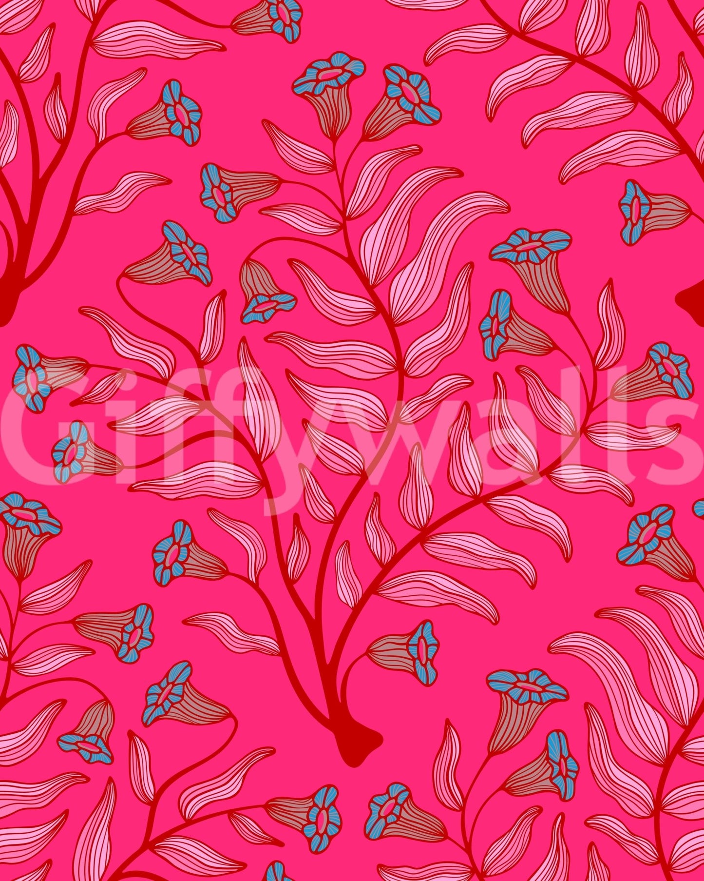 Cherry red botanical wall covering in damask style

