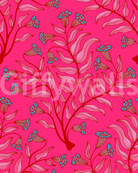 Cherry red botanical wall covering in damask style

