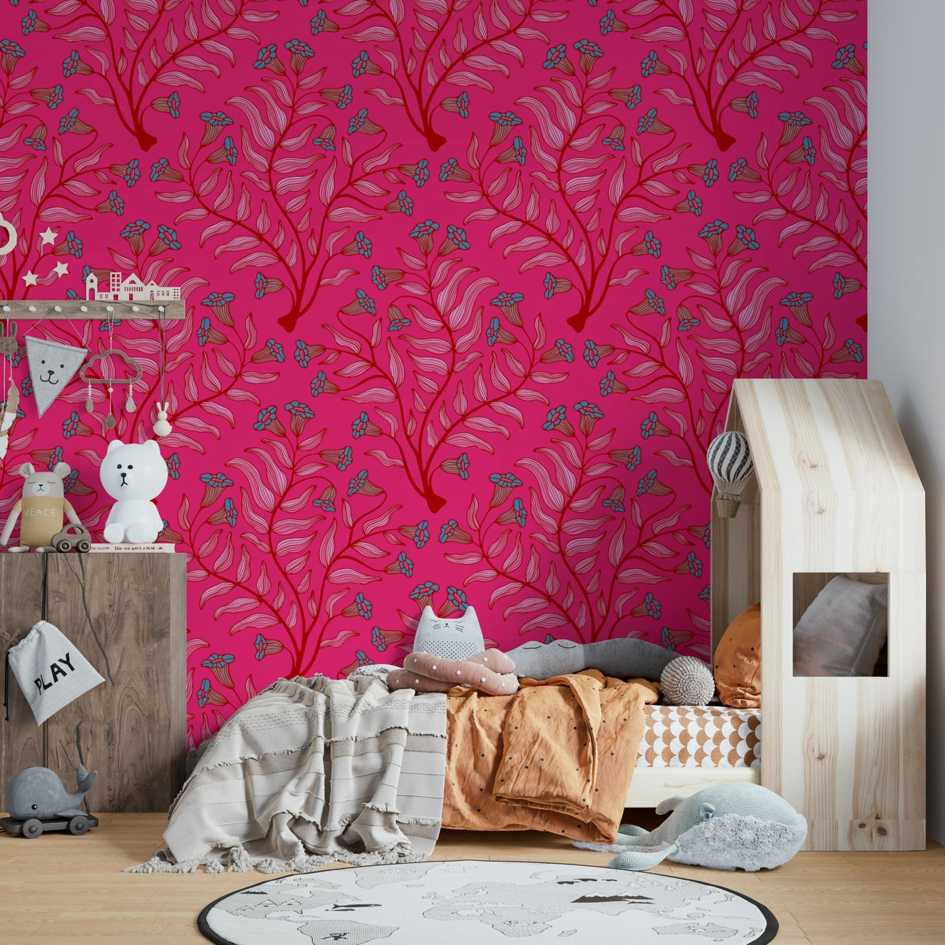 Ornate floral wallpaper in vintage pink and red tones

