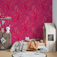 Ornate floral wallpaper in vintage pink and red tones

