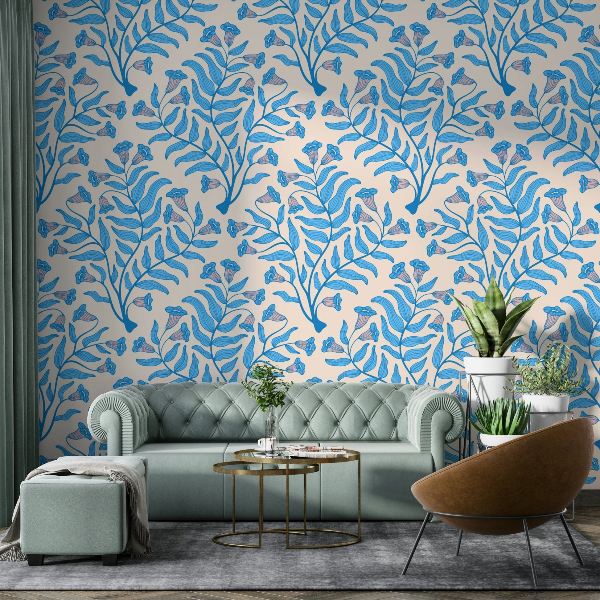 Botanical damask wallpaper with classic floral motifs

