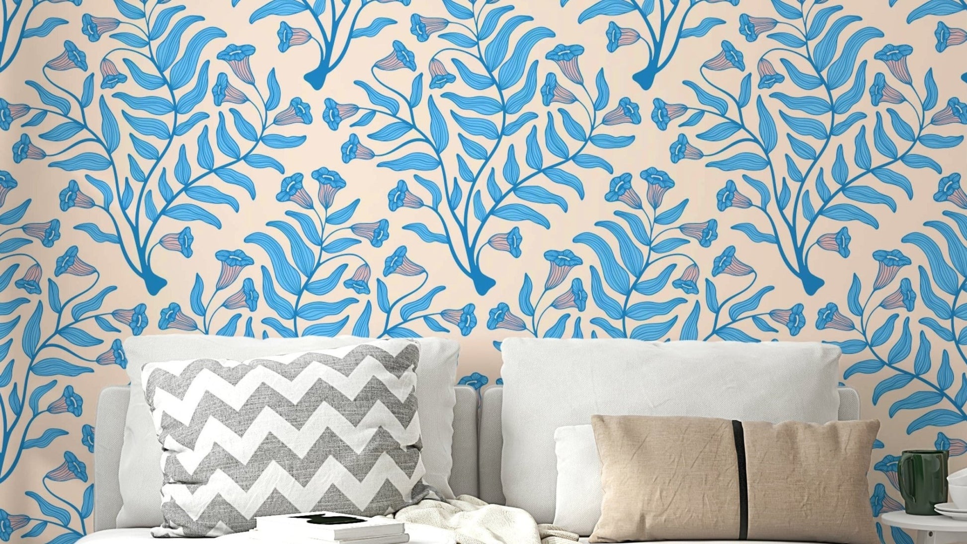 Trumpet Flower Damask Wallpaper in light blue & cream

