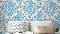 Trumpet Flower Damask Wallpaper in light blue & cream

